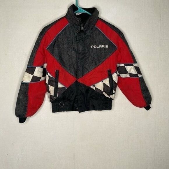 VTG Polaris Red/Black Full Zip Snowmobile Jacket Coat Youth Boys Size 10 Flawed - Picture 1 of 15